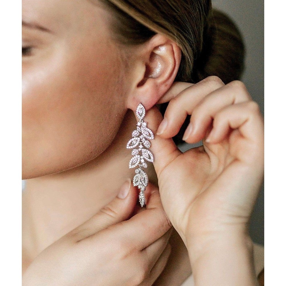 14K Gold Plated Leaflet Special Occasion Dangle Drop Earrings - Picture 8 of 10